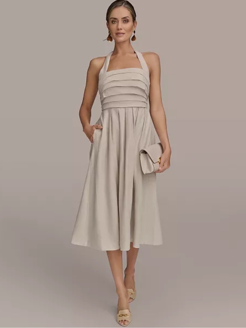 Donna Karan New York Women's Tie-Back Midi Linen Blend Dress SZ 8 Natural NWT